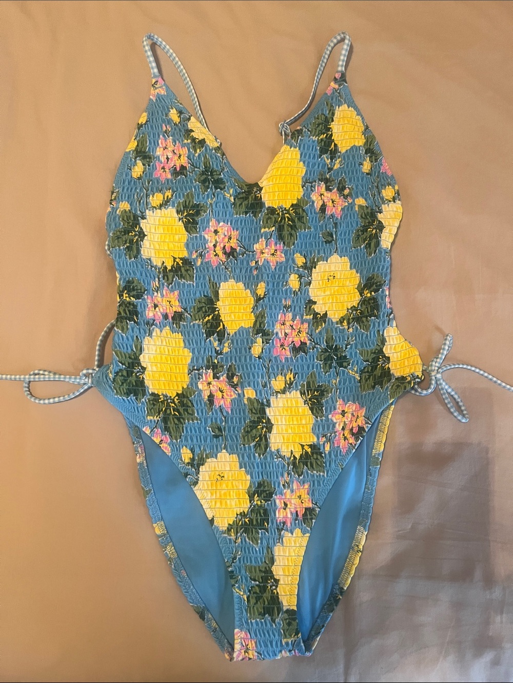 aerie Blue Floral Smocked One-Piece with Yellow & Pink Blooms
